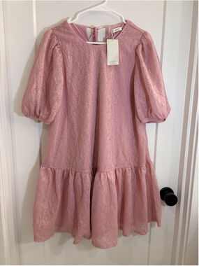 NWT Reserved Pink Textured Jacquard Puff Sleeve Tiered Mini Dress Large